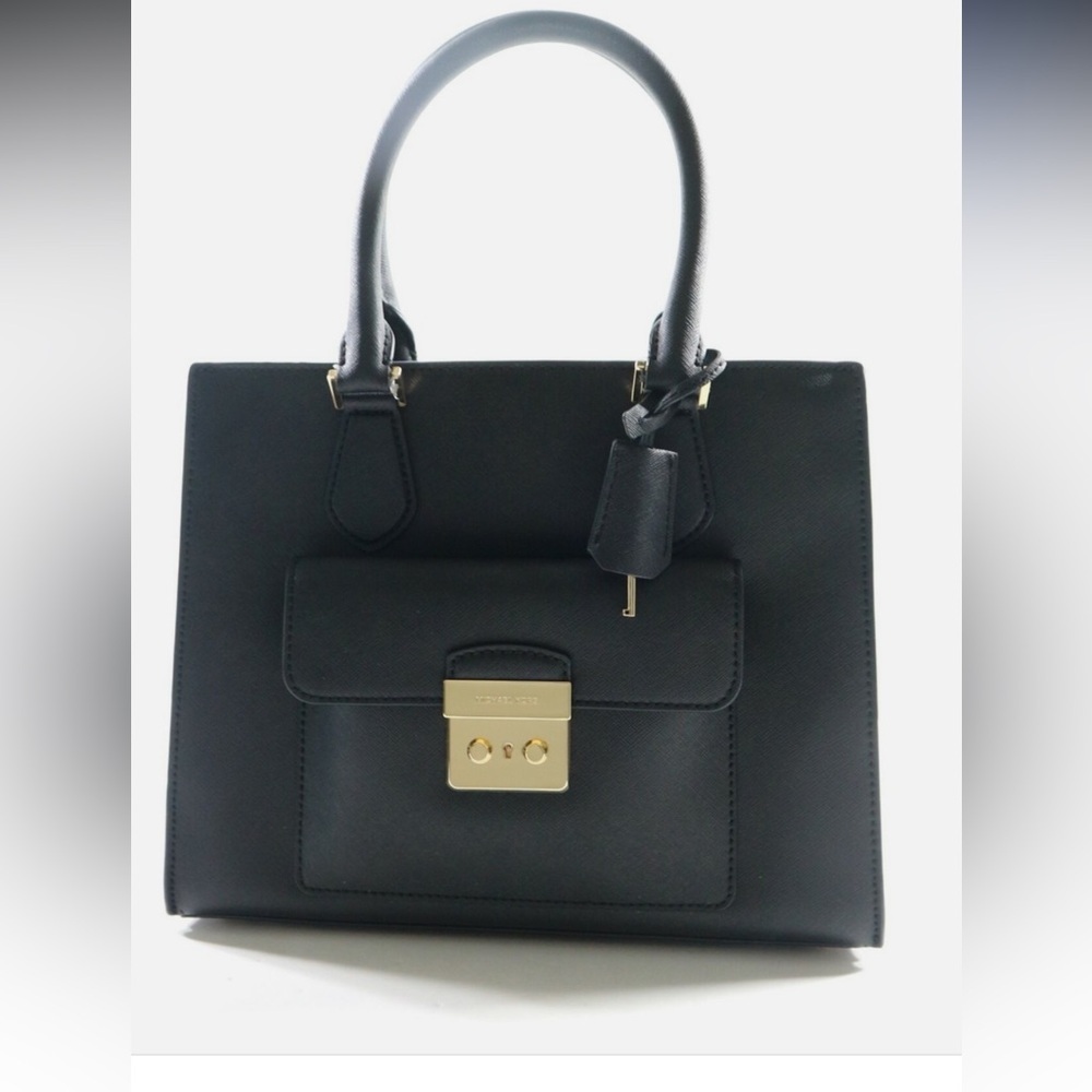 Michael Michael Kors Bridgette Medium East West Leather Tote Bag Black Gold - Picture 3 of 15